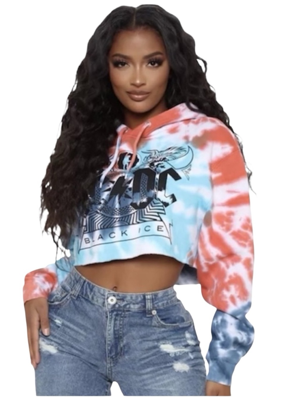 AC/DC Tie Dye Cropped Hoodie Sweatshirt Concert Graphic Size S